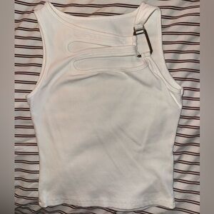 Stylish White Ribbed Tank Top with Buckle Detail